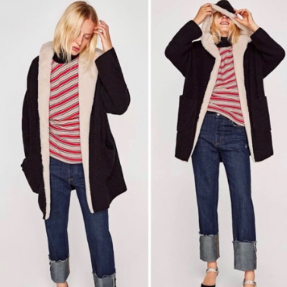 Zara Sweaters - Zara Faux Shearling Hooded Cardigan
